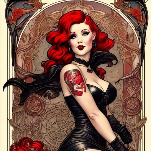 Prompt: beautiful woman pinup, tattooed, long flowing bright red hair, in leather,  art nouveau style