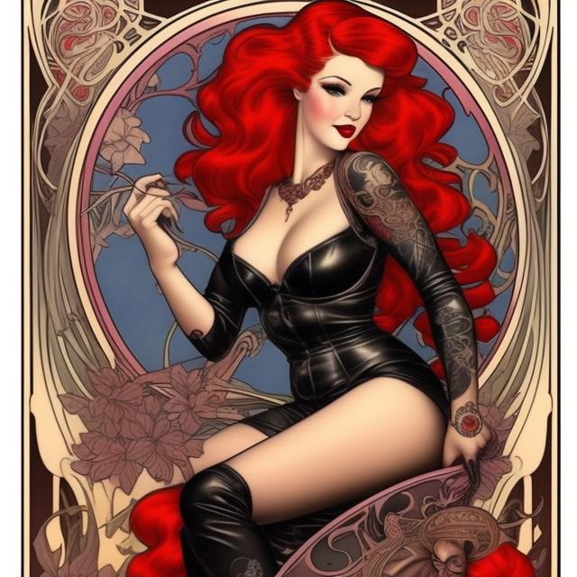 Prompt: beautiful woman pinup, tattooed, long flowing bright red hair, in leather,  art nouveau style