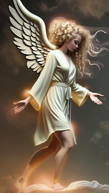 Prompt: hovering angel, looking down on heaven, long shot, side view, ornate  wings, curly blonde hair, beautiful female adult, short plain robes,  arms  held out, chalk style, toes pointed, 4k