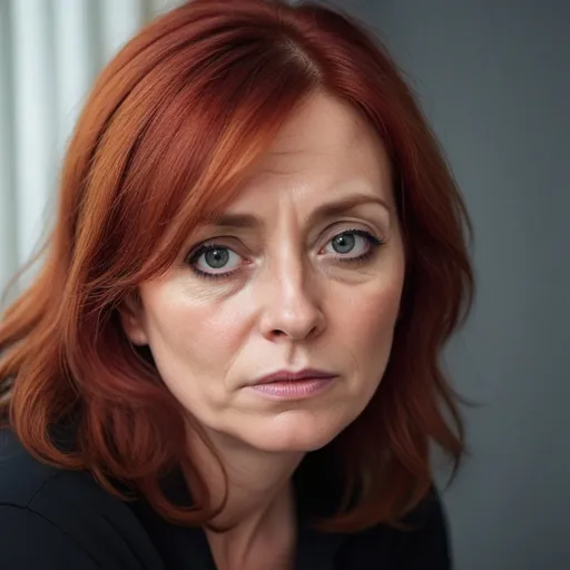 Prompt: WOMAN, ULTRA HIGH RESOLUTION, HD, RED HAIR, 47 YEARS OLD, ROUND FACE, LARGE EYES, MELANCHOLY, SAD, MAGAZINE PHOTOSHOOT, 