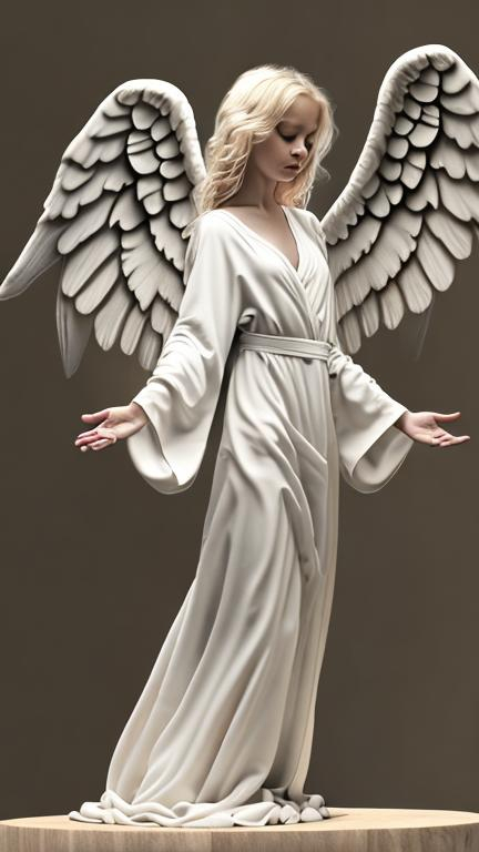 Prompt: hovering angel, looking downward, long shot, wings, beautiful female adult, curly blonde hair, plain robes, highly detailed, arms open, side view,  feet showing under robe, 4k, folk art oil