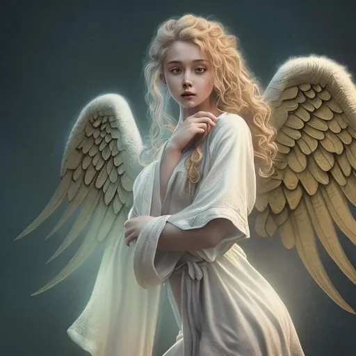 Prompt: hovering angel, looking down on heaven, long shot, side view, ornate  wings, curly blonde hair, beautiful female adult, short plain robes,  arms  held out, charcoal style, tiptoe, 4k
