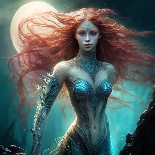 Prompt: Fantasy, Epic, Stunning, Spectacular, cinematic, 3D, HD, Beautiful!! {female}Sea Nymph, long flowing FLAME RED hair, ultra detailed full body artistic photography, detailed gorgeous face, Beautiful big {moon-shaped} reflective eyes,  full moon background, PALE TRANSLUCENT SKIN, Gorgeous detailed face, shadows, , brush strokes, ultra sharp focus, William-Adolphe Bouguereau, matte painting movie poster, silver ratio, epic, intricate, cinematic character render, hyper realistic, 64K 