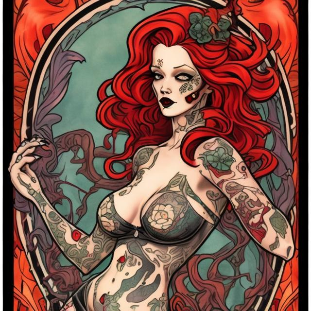 Prompt: full body, tattoed, zombie pinup, long flowing bright red hair, art nouveau style