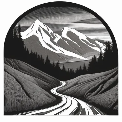 Prompt: road winding through mountains  wood engraving style
