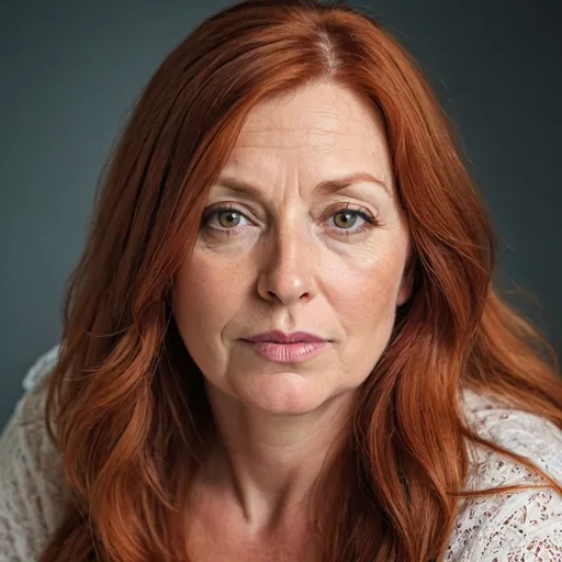 Prompt: WOMAN, ULTRA HIGH RESOLUTION, HD, LONG RED HAIR, 47 YEARS OLD, ROUND FACE, LARGE HAZEL EYES, FULL LIPS, ROUND NOSE, THOUGHTFUL, OVERWEIGHT, MAGAZINE PHOTOSHOOT, 