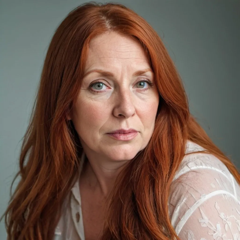 Prompt: WOMAN, ULTRA HIGH RESOLUTION, HD, LONG RED HAIR, 47 YEARS OLD, ROUND FACE, LARGE HAZEL EYES, FULL LIPS, ROUND NOSE, THOUGHTFUL, OVERWEIGHT, MAGAZINE PHOTOSHOOT, 