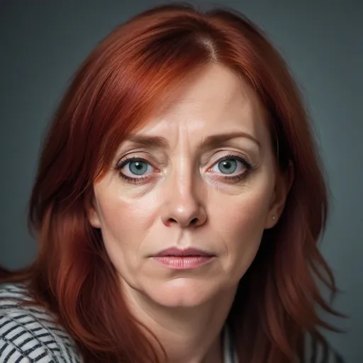 Prompt: WOMAN, ULTRA HIGH RESOLUTION, HD, RED HAIR, 47 YEARS OLD, ROUND FACE, LARGE EYES, MELANCHOLY, SAD, MAGAZINE PHOTOSHOOT, 
