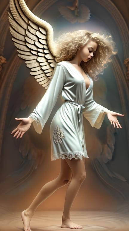 Prompt: hovering angel, looking down on heaven, long shot, side view, ornate  wings, curly blonde hair, beautiful female adult, short plain robes,  arms  held out, chalk style, toes pointed, 4k