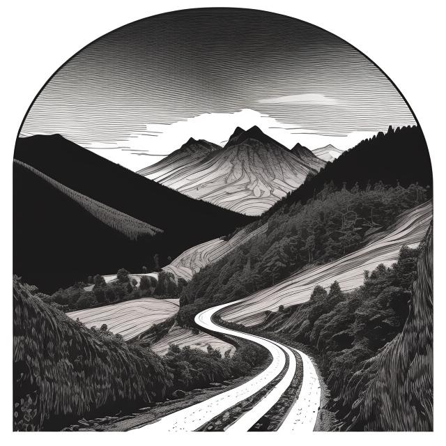 Prompt: road winding through mountains  wood engraving style
