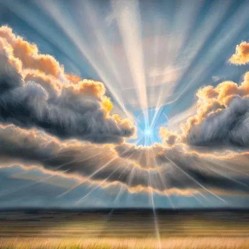Prompt: sun peeking through the tops of puffy clouds, crepuscular rays, chalk style