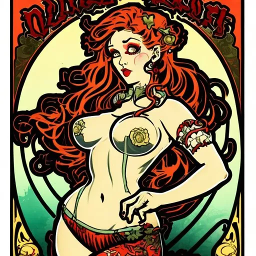 Prompt: full body, zombie pinup, long flowing bright red hair, alphonse mucha style