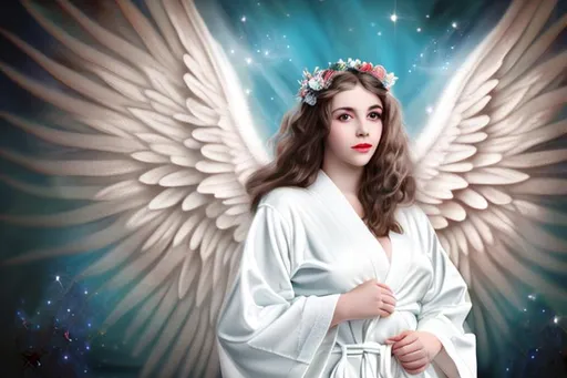 Prompt: full length portrait, guardian angel, big bright white wings, female adult, robes, vintage