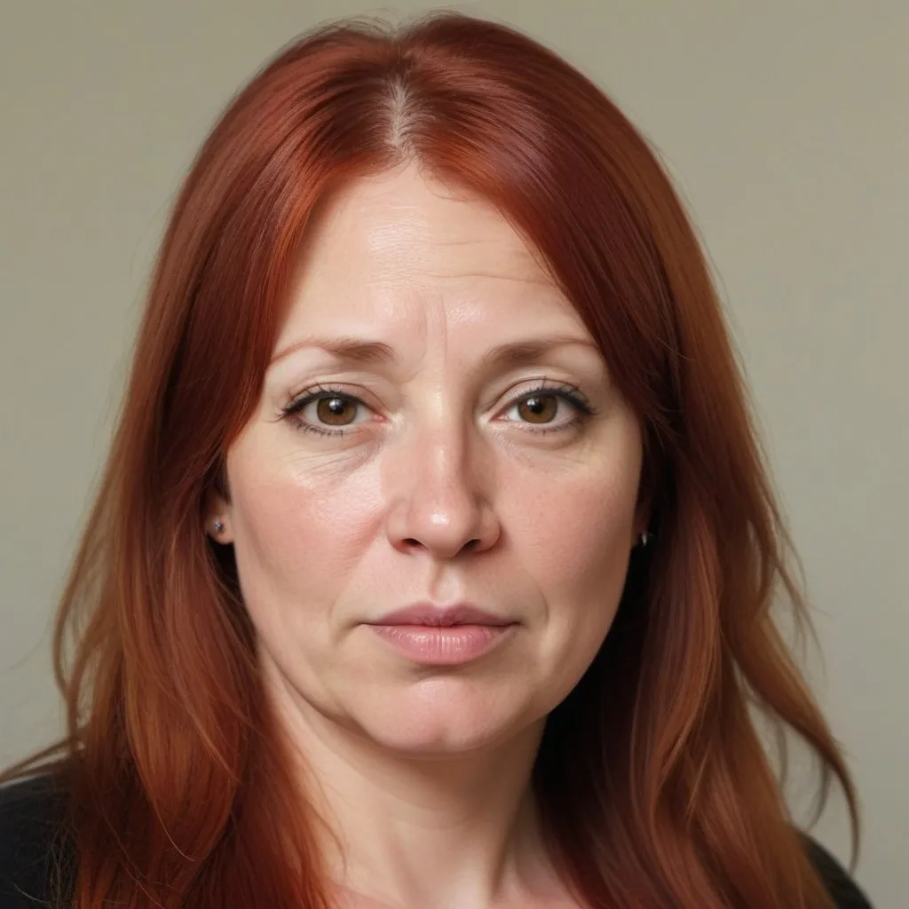 Prompt: WOMAN, ULTRA HIGH RESOLUTION, HD, LONG RED HAIR, 47 YEARS OLD, ROUND HEAVY FACE, BROWN EYES, FULL LIPS, BIG NOSE, NOSE RING, OVERWEIGHT, HIGH FOREHEAD, ROUND CHIN