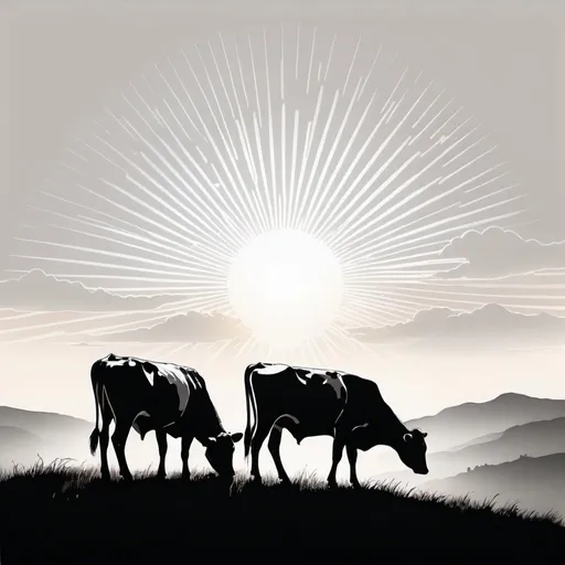 Prompt: 2 COWS GRAZING ON A HILLTOP WITH THE SUN SETTING IN THE DISTANCE CREATING LIGHT RAYS, VECTOR, SVG,  BLACK AND WHITE ETCHING