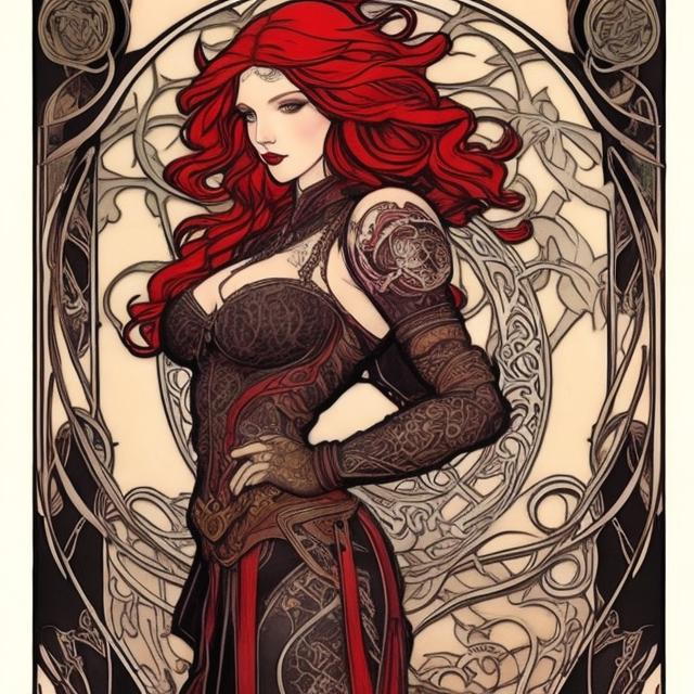 Prompt: beautiful woman, tattooed, long flowing bright red hair, battle garb,  art nouveau style