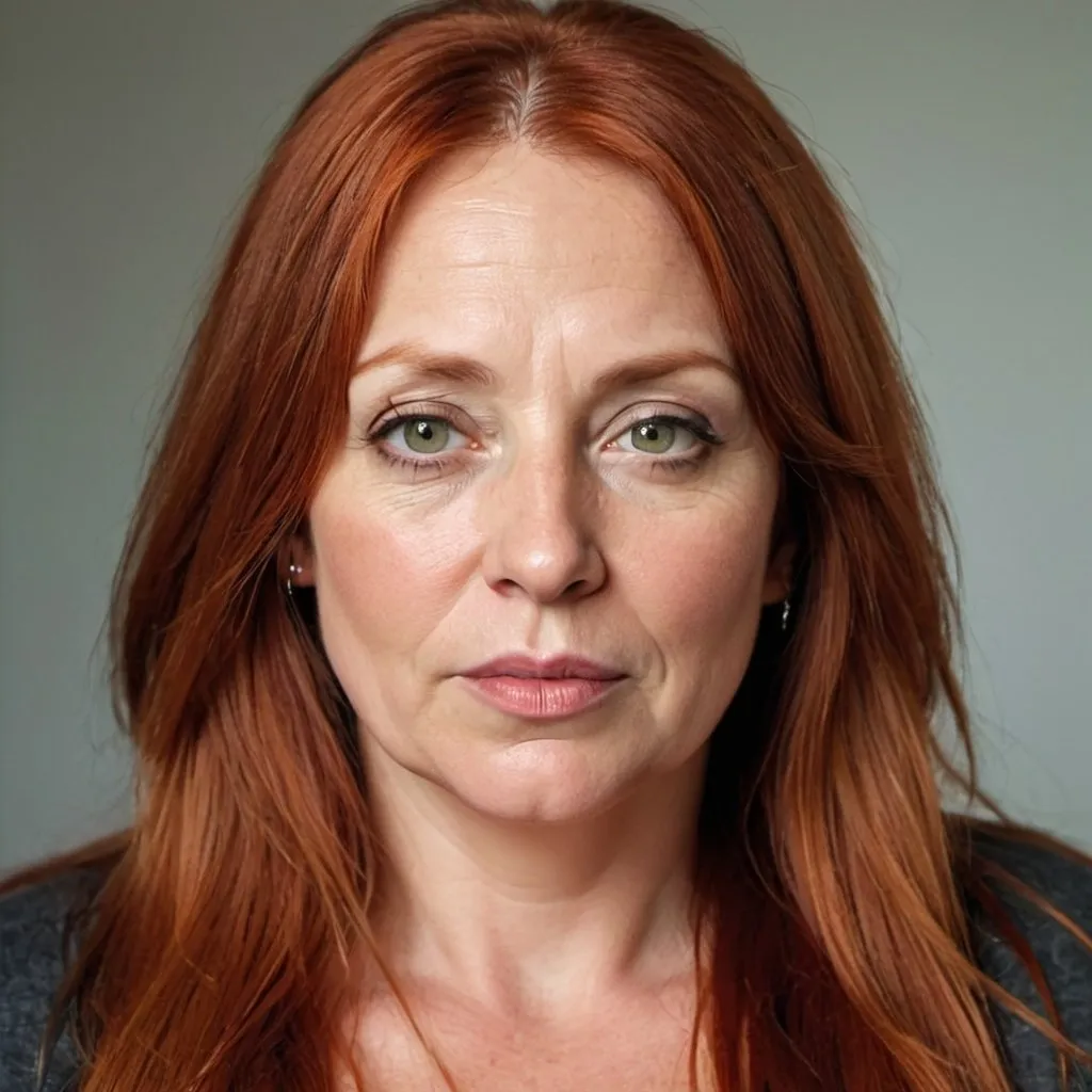 Prompt: WOMAN, ULTRA HIGH RESOLUTION, HD, LONG RED HAIR, 47 YEARS OLD, ROUND FACE, LARGE HAZEL EYES, FULL LIPS, BIG NOSE, THOUGHTFUL, OVERWEIGHT, HIGH FOREHEAD, ROUND CHIN, NOSE RING, MAGAZINE PHOTOSHOOT, 