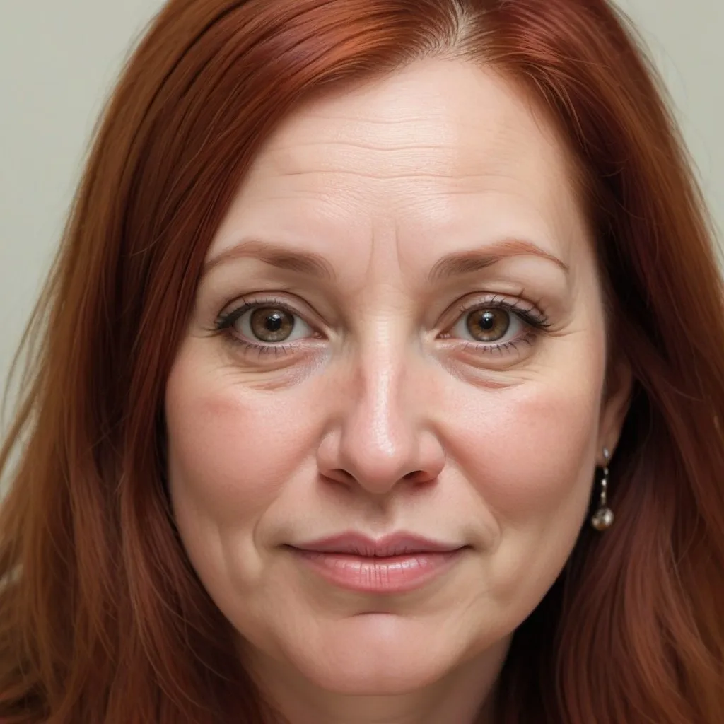 Prompt: WOMAN, ULTRA HIGH RESOLUTION, HD, LONG RED HAIR, 47 YEARS OLD, ROUND HEAVY FACE, BROWN EYES, FULL LIPS, BIG NOSE, NOSE RING, OVERWEIGHT, HIGH FOREHEAD, ROUND CHIN