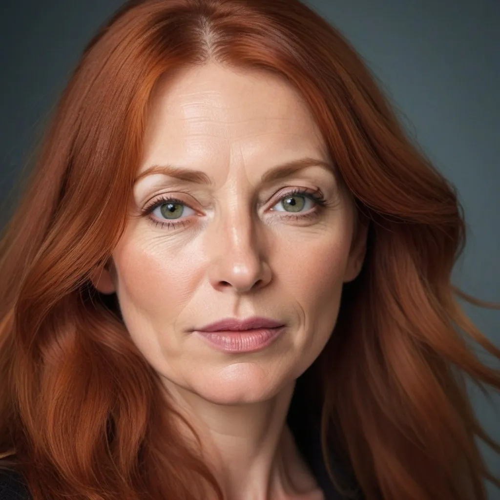 Prompt: WOMAN, ULTRA HIGH RESOLUTION, HD, LONG RED HAIR, 47 YEARS OLD, ROUND FACE, LARGE HAZEL EYES, FULL LIPS, ROUND NOSE, THOUGHTFUL, MAGAZINE PHOTOSHOOT, 
