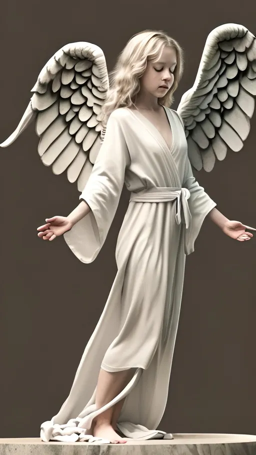 Prompt: hovering angel, looking downward, long shot, wings, beautiful female adult, plain robes, highly detailed, arms open, side view, chalk style, feet showing under robe, curly hair, 4k
