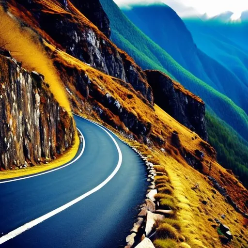 Prompt: ROAD WINDING UPWARDS THROUGH MOUNTAINS