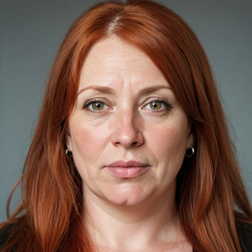 Prompt: WOMAN, ULTRA HIGH RESOLUTION, HD, LONG RED HAIR, 47 YEARS OLD, ROUND HEAVY FACE, LARGE HAZEL EYES, FULL LIPS, BIG NOSE, NOSE RING, OVERWEIGHT, HIGH FOREHEAD, ROUND CHIN