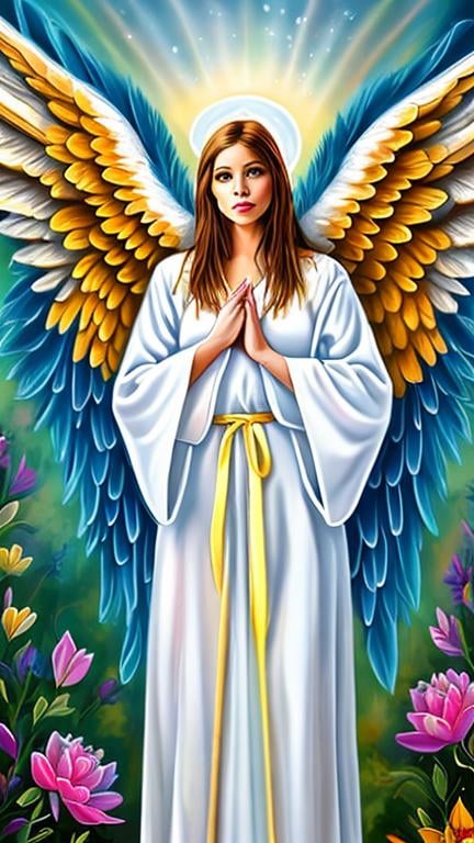 Prompt: full length portrait, guardian angel, big bright white wings, female adult, robes, folk art oil