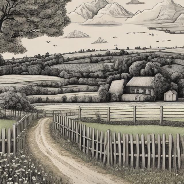 Prompt: hand drawn illustration, panoramic, detailed, country road winding up  through fence towards old barn