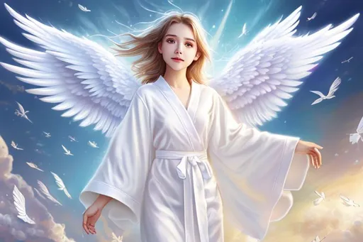 Prompt: full view, heavenly angel, flying, big bright white wings, female adult, short sleeve robes, detailed sketch