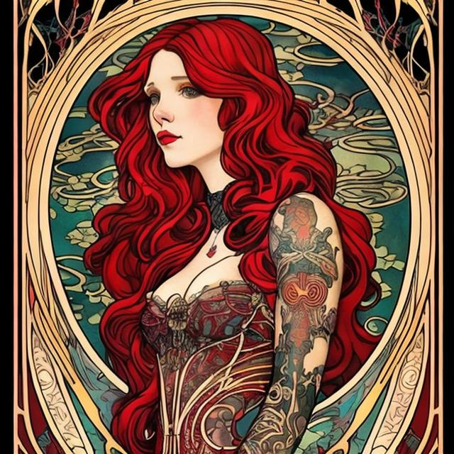 Prompt: beautiful woman, tattooed, long flowing bright red hair, dress,  art nouveau style