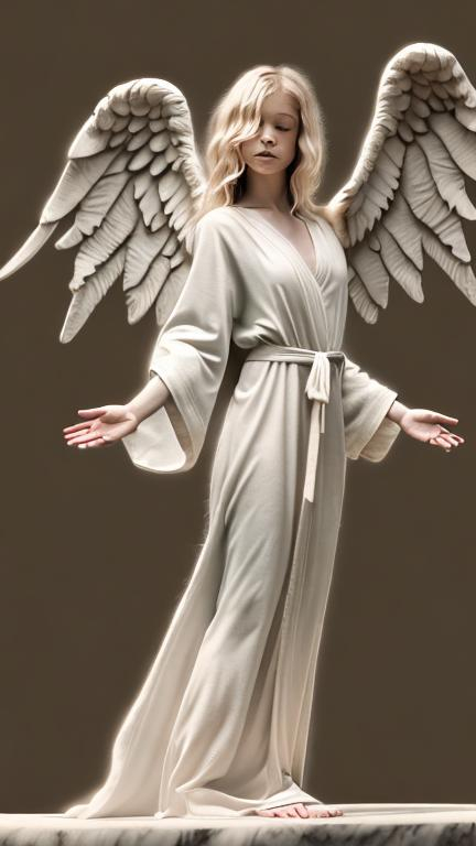 Prompt: hovering angel, looking downward, long shot, wings, beautiful female adult, curly blonde hair, plain robes, highly detailed, arms open, side view,  feet showing under robe, 4k, chalk style