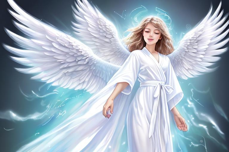 Prompt: full view, heavenly angel, flying, big bright white wings, female adult, short sleeve robes, detailed sketch