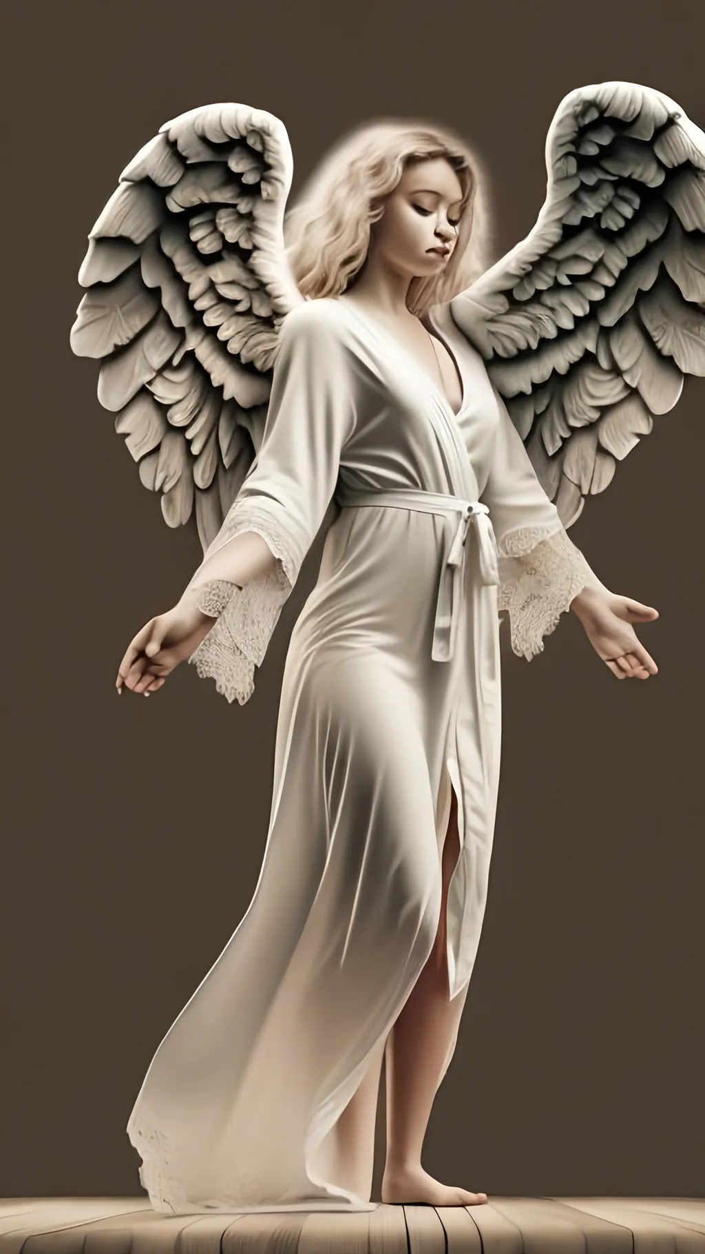 Prompt: hovering angel, looking down on heaven, long shot, side view, ornate  wings, curly blonde hair, beautiful female adult, short plain robes,  arms  held out, chalk style, tiptoe, 4k