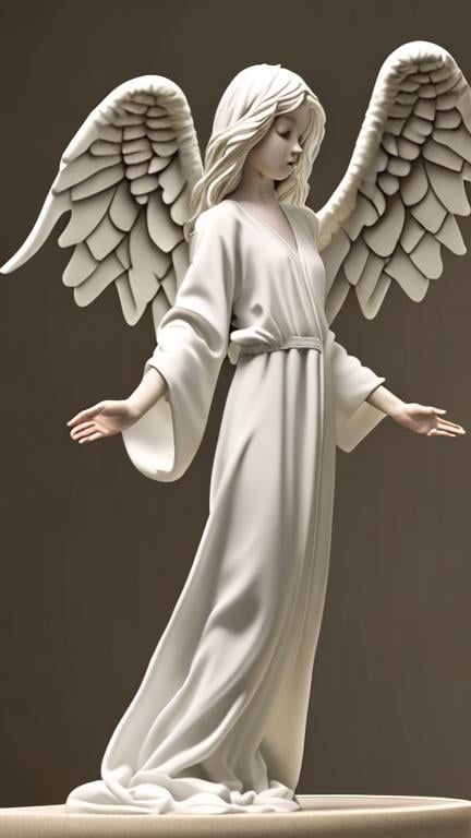 Prompt: hovering angel, looking downward, long shot, wings, beautiful female adult, plain robes, highly detailed, arms open, side view, 