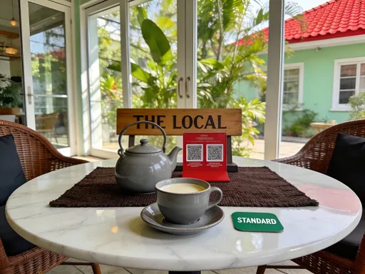 Prompt: This photograph captures a cozy outdoor café setting. At the center of the image is a round, white marble-topped table with a slightly glossy finish. On the table, there is a gray ceramic teapot with a matching gray teacup and saucer. The teacup is filled with a light-colored beverage, likely tea or coffee. To the right of the teacup, there is a small, green coaster with the word "STANDARD" printed on it. Behind the teapot, there is a wooden sign with the words "THE LOCAL" printed on it, and a red promotional stand with two QR codes and text in white. The table is positioned on a dark brown woven rug, and there are brown wicker chairs with dark cushions surrounding the table. In the background, there are large glass windows and doors, allowing natural light to filter in. Outside, there are green plants and a building with light green walls and a red-tiled roof. The overall scene is bright and inviting, with a mix of natural and artificial light, creating a warm and relaxed atmosphere.
