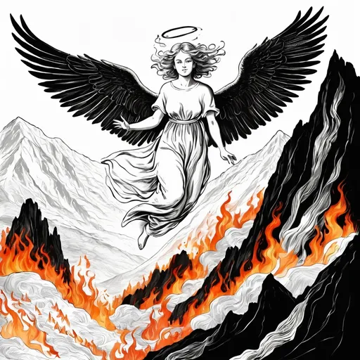 Prompt: An angel flies from the fiery mountain. Black and white drawing