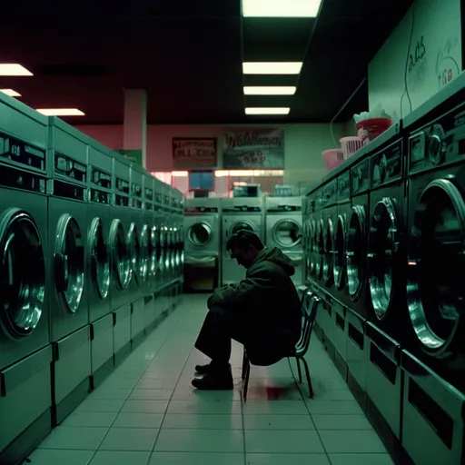 Prompt: cinematographer framegrab, a lonely man sits in a dimly lit laundromat at night, 1990s New York, fluorescent lighting flickering, vintage A24 studios aesthetic, symmetrical framing, shot on Arri Alexa Mini, 50mm lens, subtle lens flare, grainy Kodak Vision3 500T film look, melancholic mood, soft cinematic bokeh, muted color palette, realistic shadows