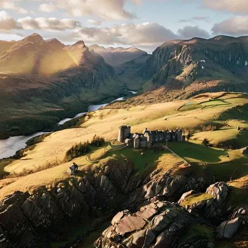 Prompt: DJI_0427.DNG, aerial view of the Scottish Highlands during golden hour, dramatic sunlight breaking through clouds, cinematic wide-angle, shot with DJI Mavic 3 Hasselblad lens, Fuji Velvia 50 film emulation, high dynamic range, misty valleys, natural shadows, contact sheet scan, 50mm lens look, National Geographic documentary frame
