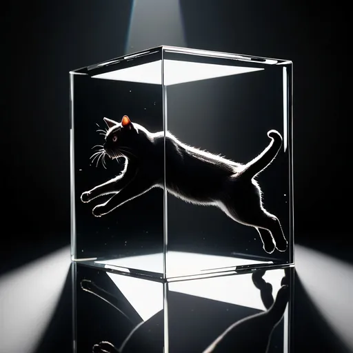 Prompt: a sleek black cat pouncing gracefully, catching a white mouse inside a surreal transparent glass cube floating in midair, studio-quality hard light creating sharp reflections and refractions on the glass surfaces, captured on RED Komodo 6K with Canon RF 85mm f/1.2L lens, ISO 400, 1/500s, T1.2, 6K RAW, vogue.com layout composition, exaggerated cinematic contrast, clean white backdrop fading into infinity, ultra-sharp claws and glistening whiskers, hyperrealistic details in mouse fur, secret modifier: gallery exhibition print scan, symmetrical framing with minimalistic surrealism, inspired by fine-art conceptual photography

