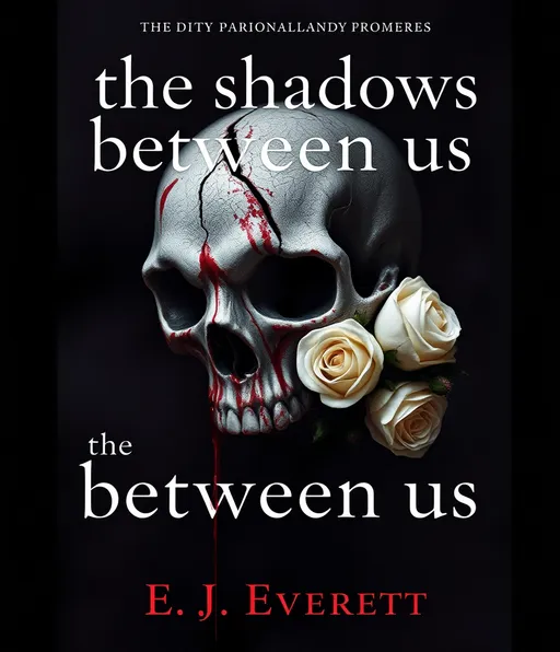 Prompt: (accurately spelled text "the shadows between us"), (accurately spelled text "E.J Everett"), dark romance book cover, (gothic style), haunting atmosphere, intricate skull with a crack, blood splattered artfully, delicate white roses entwined, misty dark background, underlying tension, contrasting colors of deep crimson and midnight black, detailed textures, (highly detailed), (cinematic depth), striking and evocative.