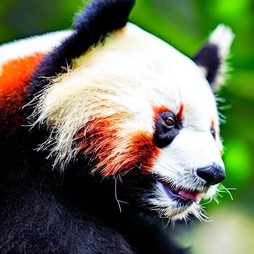 Prompt: Hybrid panda-red panda, realistic photography, detailed fur, close-up portrait, high resolution, professional, natural lighting, warm tones, cute expression, panda features, red panda markings, adorable, detailed eyes, lifelike, wildlife photography, panda-red panda hybrid, authentic, high quality