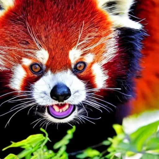 Prompt: Red Panda and Panther hybrid, vibrant red fur with black accents, realistic wildlife photography, detailed fur texture with natural lighting, high resolution, wildlife, photography, vibrant red fur, black accents, detailed fur texture, realistic, high resolution, natural lighting