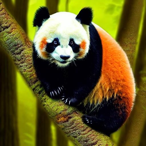 Prompt: photorealistic hybrid of panda and red panda, detailed fur with warm undertones, lush forest setting, intense and curious gaze, high quality, realistic, detailed, wildlife photography, warm tones, forest lighting