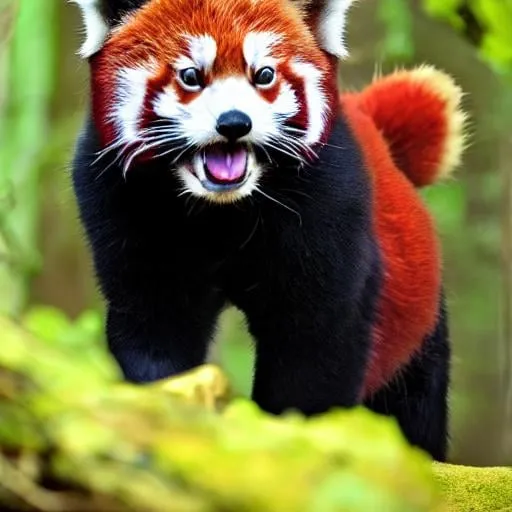 Prompt: Majestic red Panther and red panda hybrid, photographed in the wild, high resolution, detailed fur texture, vibrant red and black tones, natural lighting, wildlife photography