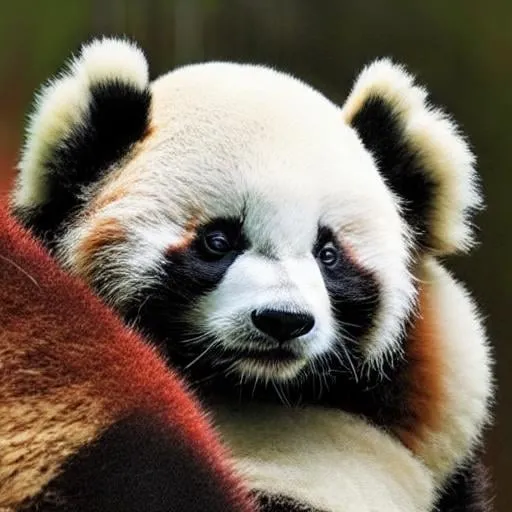 Prompt: photorealistic hybrid of panda and red panda, detailed fur with warm undertones, lush forest setting, intense and curious gaze, high quality, realistic, detailed, wildlife photography, warm tones, forest lighting