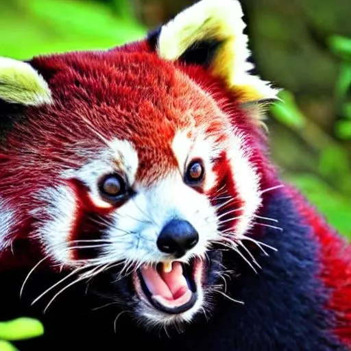 Prompt: Red Panda and Panther hybrid, vibrant red fur with black accents, realistic wildlife photography, detailed fur texture with natural lighting, high resolution, wildlife, photography, vibrant red fur, black accents, detailed fur texture, realistic, high resolution, natural lighting