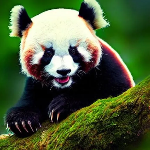Prompt: photorealistic hybrid of panda and red panda, detailed fur with warm undertones, lush forest setting, intense and curious gaze, high quality, realistic, detailed, wildlife photography, warm tones, forest lighting