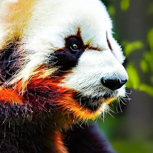 Prompt: photorealistic hybrid of panda and red panda, detailed fur with warm undertones, lush forest setting, intense and curious gaze, high quality, realistic, detailed, wildlife photography, warm tones, forest lighting