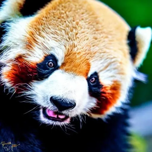 Prompt: Hybrid panda-red panda, realistic photography, detailed fur, close-up portrait, high resolution, professional, natural lighting, warm tones, cute expression, panda features, red panda markings, adorable, detailed eyes, lifelike, wildlife photography, panda-red panda hybrid, authentic, high quality