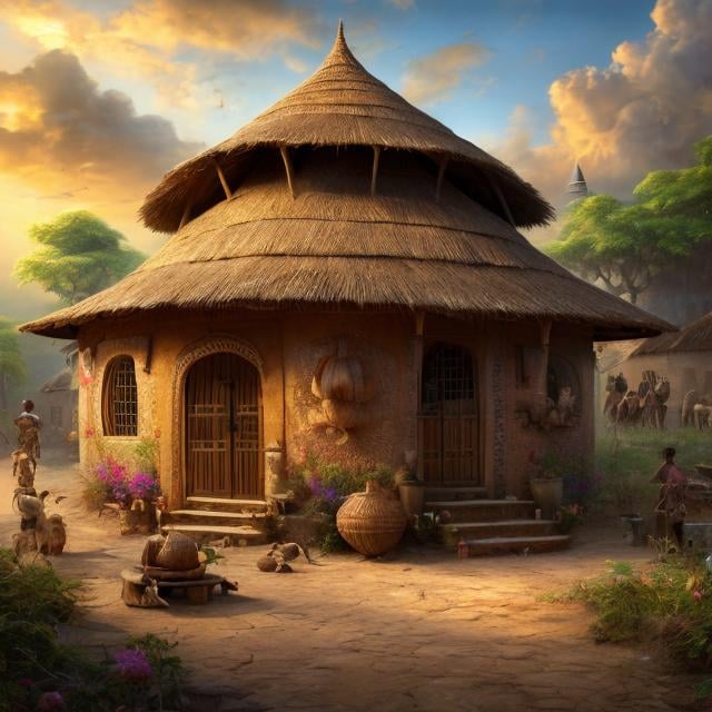 Prompt: Hyper realistic picture of a beautiful African enchanted hut, in a clean village, high quality, trending art, trending on art station, sharp focus, studio photo, intricate details, highly detailed, UHD, HDR, 8K, ((Masterpiece))